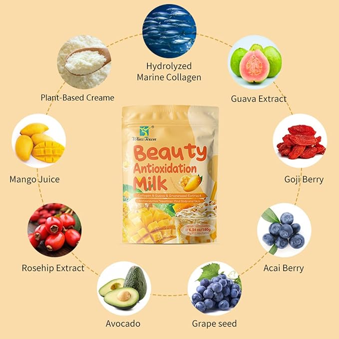 Mango Collagen Drink Mix–Creamy Beauty Milk Powder with Marine Collagen Peptides &amp Fruit Extracts–Daily Beauty Drink for Smooth Lifestyle Routines–6.34 oz