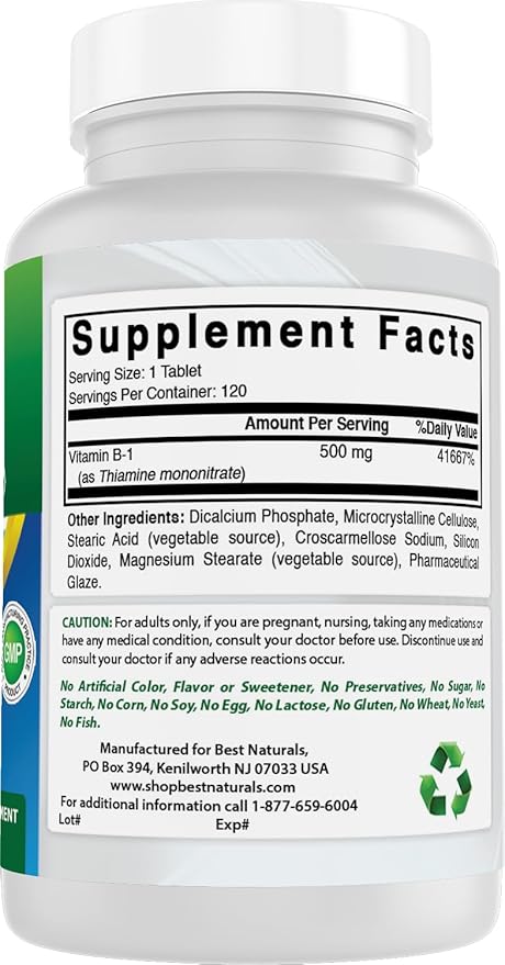 Best Naturals Vitamin B1 as Thiamine Mononitrate 500 mg Tablets (120 Count (Pack of 2))