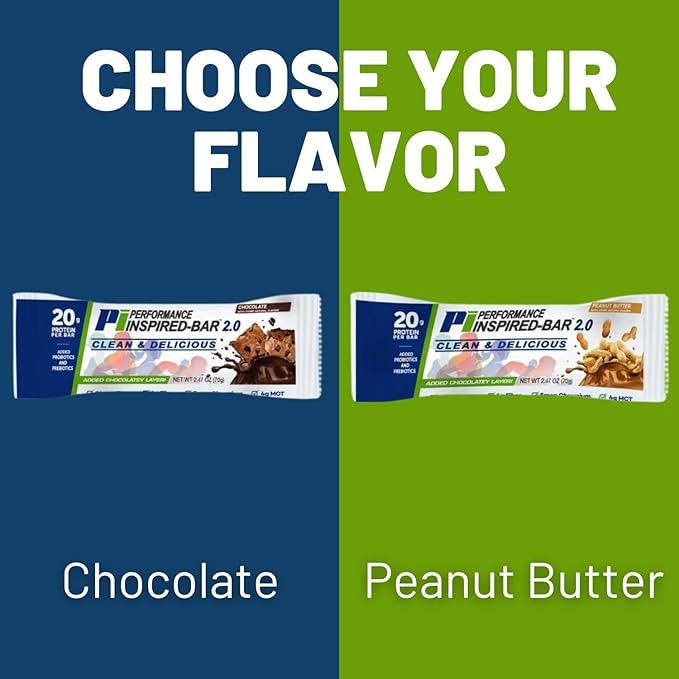 Performance Inspired Nutrition - Protein Bar 2.0 – Contains - 20G Protein - 6G Fiber - 4g MCTs - 1 Billion CFU Probiotics – 1G Prebiotics - G Free – BIG 70g Bar - Peanut Butter - 12Ct. Box