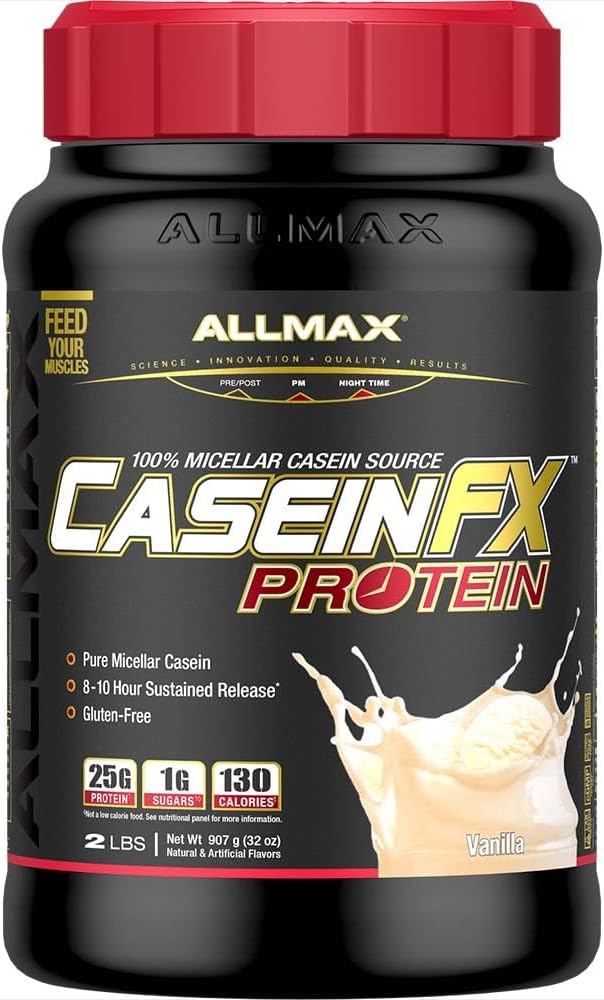 ALLMAX Casein-FX Protein Vanilla - 2 lb - 25 Grams of Slow-Release Protein Per Scoop - Low Carb &amp Zero Added Sugar - Approximate 27 Servings