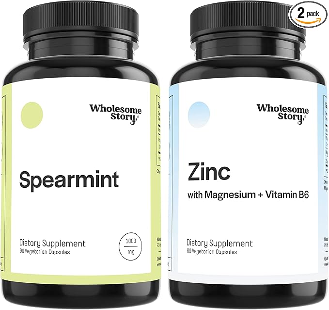 Spearmint + Zinc Magnesium &amp VIT B6 | Organic Spearmint Capsules + Zinc Picolinate Magnesium Glycinate &amp Vitamin B6 Bundle Supplement | Supports Hormones Fertility &amp Digestion | 30 &amp