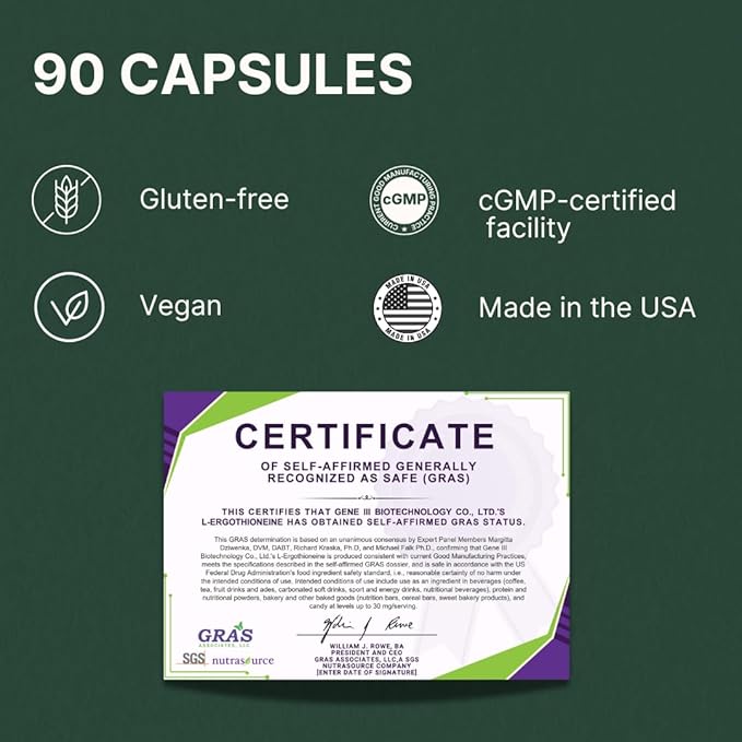 L-Ergothioneine Supplement 30mg(EGT)/Serving 6X Ergothioneine Mushroom Extract Supplements Longevity Immune Support Heart Health &amp Brain Supplement Lab Tested Made in USA (90 Servings)