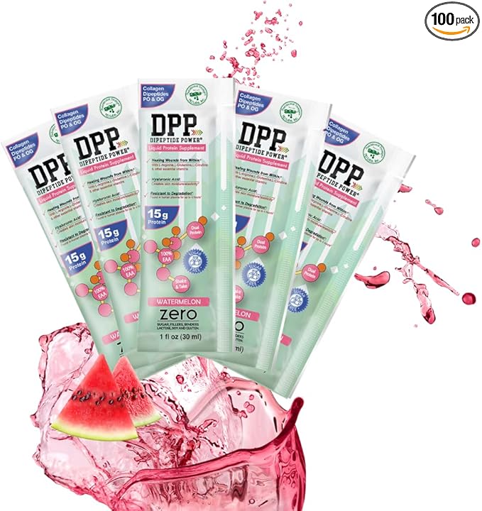 Nutritional Designs DPP Dipeptide Power Liquid Collagen &amp Whey Protein Supplement Sugar-Free Promotes Healthy Skin &amp Hair for Men &amp Women Watermelon Single Serve Packet 1 oz (100 Pack