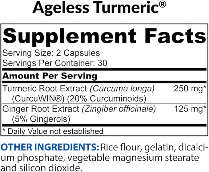 BioTrust Ageless Turmeric Supplement - CurcuWIN Turmeric Curcumin with Ginger Extract - 46x More Bioavailable High Absorption Long Lasting - Antioxidant Support (60 Capsules)