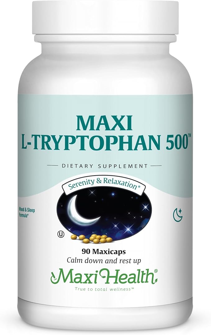 Maxi Health L-Tryptophan 500mg - Mood &amp Sleep Formula - 90 Capsules - Kosher