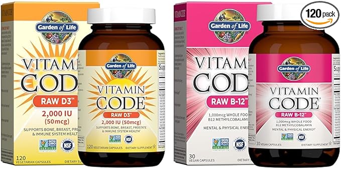 Garden of Life Vitamin Code Raw D3 2000IU + B12 1000mcg Whole Food Supplement Bundle 120 + 30 Capsules