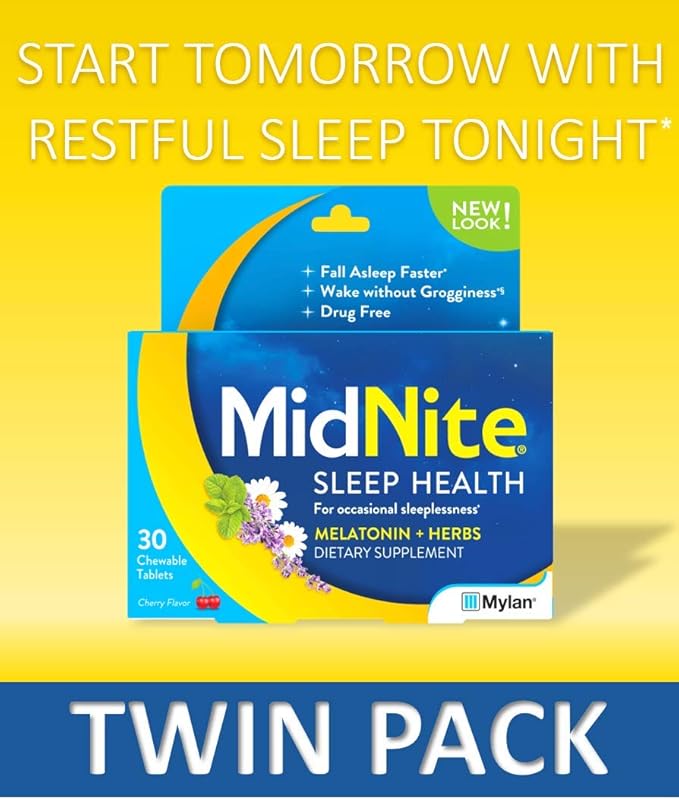 MidNite Natural Sleep Supplement 30 Count Chewable Cherry-Flavored Tablets Natural Non-Habit Forming Sleep Aid Melatonin Supplement - Twin Pack