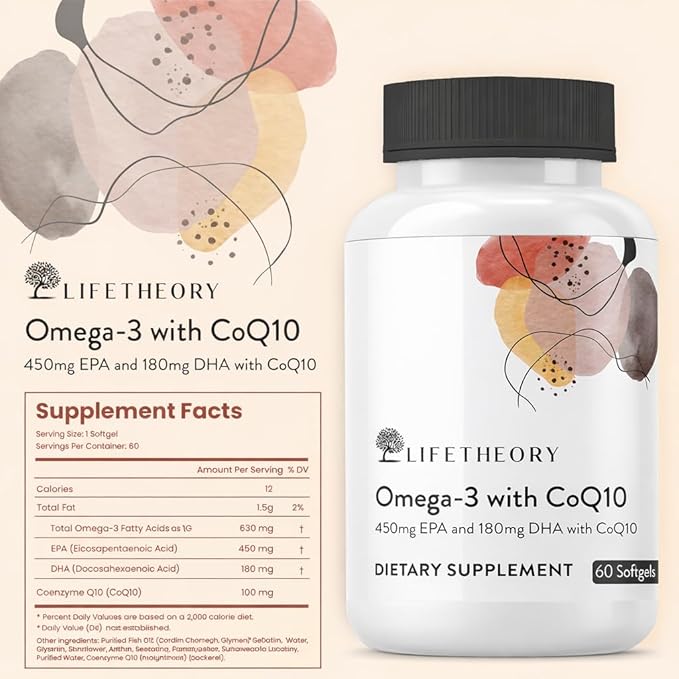 LIFETHEORY Omega-3 with CoQ10 | 450mg EPA &amp 180mg DHA per Serving | Fish Oil Dietary Supplement | with Coenzyme Q10 | 60 Softgels