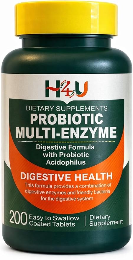 H4U Probiotic Multi-Enzyme Digestive Enzymes Formula with Acidophilus Tablets for Digestive Health &amp Gut Support Dietary Supplement 200 Count