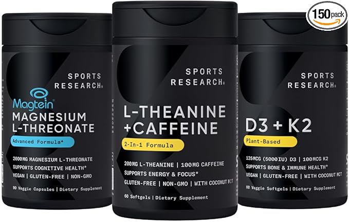 Sports Research Magtein Magnesium L-Threonate Capsules (2000mg 90 Capsules) Vegan Vitamin D3 + K2 w/Organic Coconut Oil (5000iu VIT. D 100mcg Mk7 VIT. K 60 Softgels) and L-Theanine (200mg 60 ct)