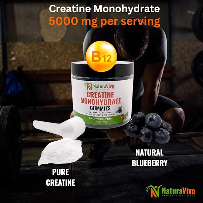 Creatine Monohydrate Gummies 5000mg | Muscle Growth Strength &amp Recovery – Vegan Sugar-Free Blueberry Flavor 120 Count | Sports Nutrition for Men &amp Women | Non-GMO Gluten-Free GMP Certifi