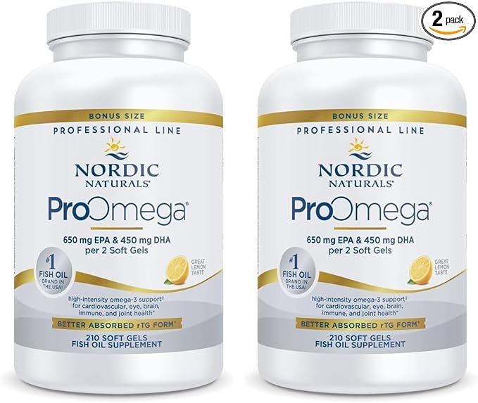 Nordic Naturals ProOmega Lemon Flavor - 210 Soft Gels - 1000 mg Omega-3 - High-Potency Fish Oil with EPA &amp DHA - Promotes Brain Eye Heart &amp Immune Health - Non-GMO - 105 Servings (Pack of