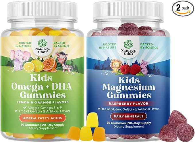 Bundle of Omega DHA Gummies for Kids - Fatty Acids Omega 3 6 9 with Vitamin C for Brain Immunity &amp Vision and Kids Magnesium Gummies - Mag Citrate for Nerve Health Muscles &amp Healthy Heart Sup