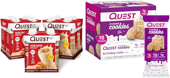 Quest Nutrition Protein Shake Salted Caramel 4 Count Bundle with Birthday Cake Frosted Cookies Twin Pack
