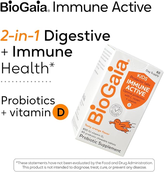 BioGaia Immune Active Kids | Probiotic + Vitamin D | for Digestive &amp Immune Health | Ages 3+ | Allergen Dairy Soy &amp Gluten Free | Trusted By Pediatricians | 60 Day Supply | Orange Flavored C
