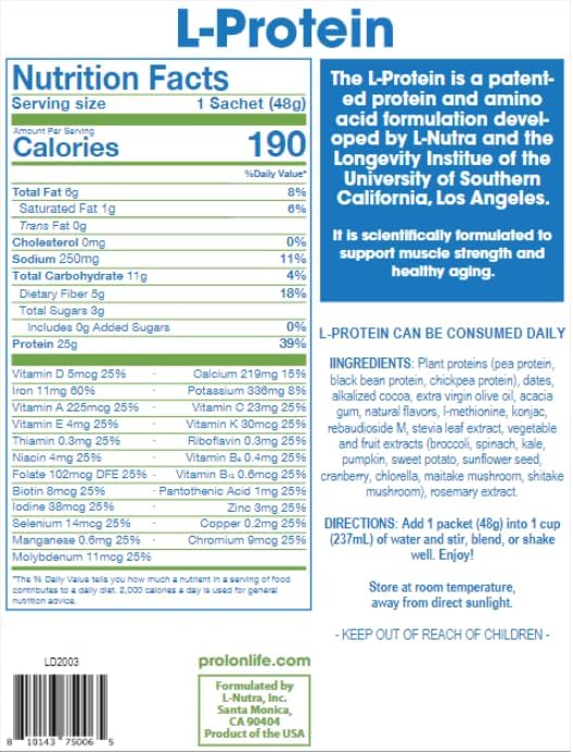 Prolon Longevity Plant Based Protein Powder | Muscle Synthesis &amp Repair Healthy Aging Boost Performance | Vitamins Gluten Free Amino Acids Antioxidants | 25g of Protein | Chocolate 12 Packet