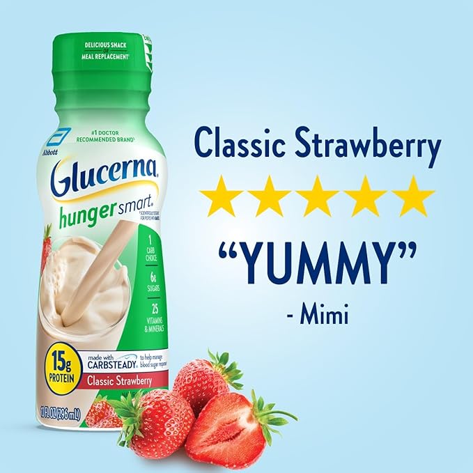 Glucerna Hunger Smart Diabetes Care Shake Classic Strawberry Diabetic Meal Replacement to Support Blood Sugar Management 15g Protein 180 Calories Ready to Drink 10 Fl Oz 24 Pack