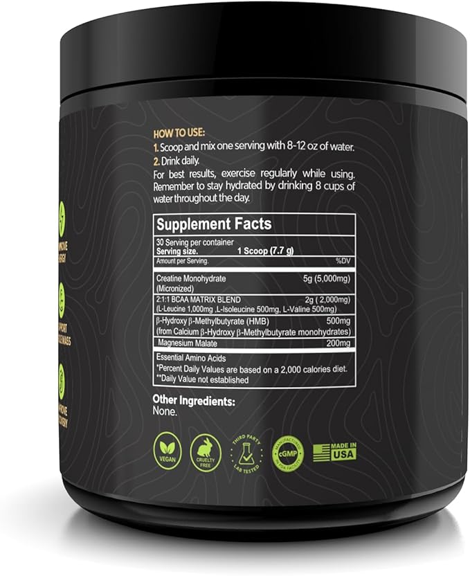 Creatine Powder Micronized with BCAAs + HMB Magnesium Malate for Muscle Growth Strength &amp Recovery | Unflavored | 30 Servings (Unflavored)
