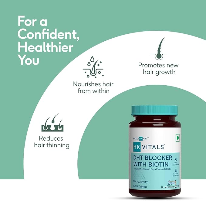 HK Vitals DHT Blocker with Biotin Stinging Nettle and SOYA Protein Helps Reduce Hair Fall Stimulates Hair Growth 60 Tablets