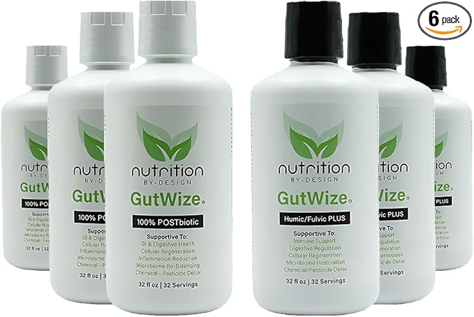GutWize Total Health Bundle – 3 Bottles 100% Postbiotic + 3 Bottles Humic/Fulvic Blend – Gut &amp Digestive Support Microbiome Balance Natural Wellness Supplement Pack