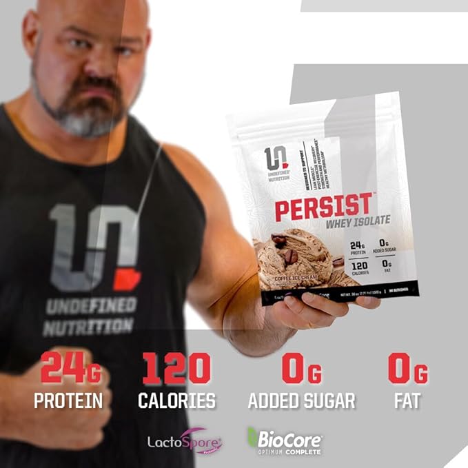 Undefined Nutrition Persist Whey Isolate by Brian Shaw - 24g Protein 30 Servings – Supports Recovery Strength &amp Performance - Gluten Free Fast Absorbing (2.18lbs Coffee Ice Cream)