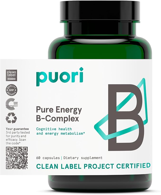 Puori Pure Energy Vitamin B-Complex with 8 Essential Vitamins - Active &amp Methylated B Vitamins (Thiamin Riboflavin Niacin B6 Folate &amp B12) - Biotin Inositol Pantothenic Acid &amp Cholin