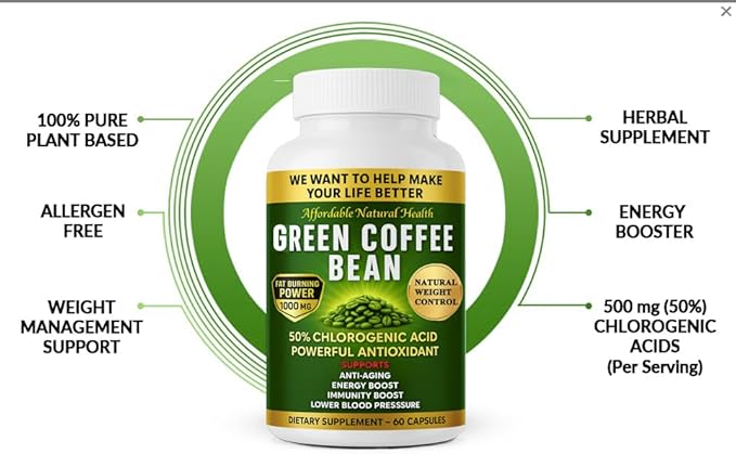 Green Coffee Bean Extract 100% Pure Green Coffee Bean Capsules 50% Chlorogenic Acid 1000 mg Strength 360 Capsules 12 Month Supply Non-GMO and Gluten Free Traditional Herbal Supplement