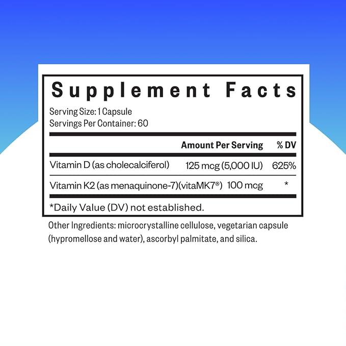 Seeking Health Vitamin D3 + K2 - Immune System &amp Bone Health Support with Vitamin D3 (Cholecalciferol) &amp Vitamin K2 (Menaquinone-7) - Vegetarian Vitamin D &amp K Supplement - 60 Capsules