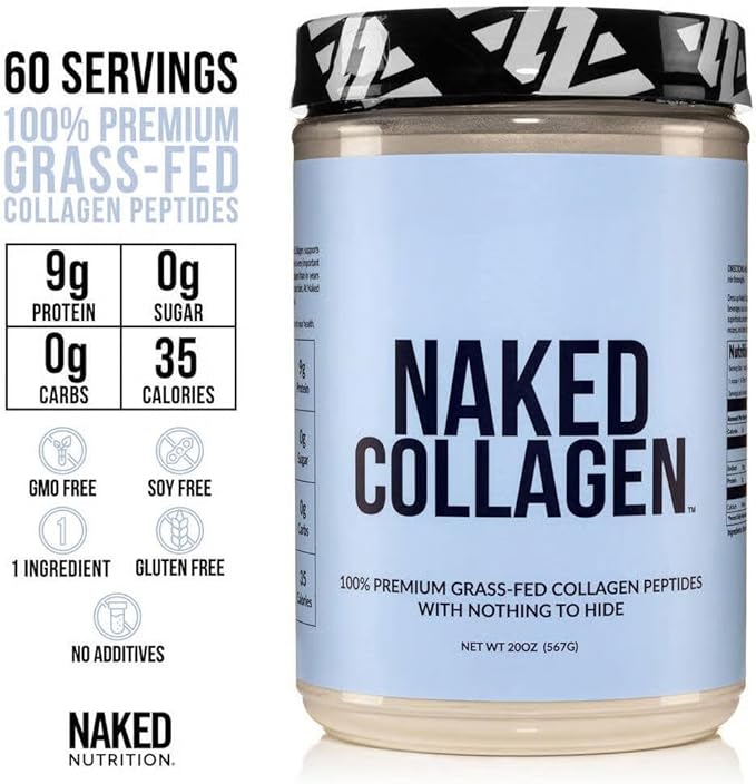 NAKED Collagen Peptides Protein Powder 60 Servings Pasture-Raised Unflavored Grass-Fed Hydrolyzed Collagen Supplement NSF Certified Paleo Friendly Non-GMO Keto Gluten Free 20oz