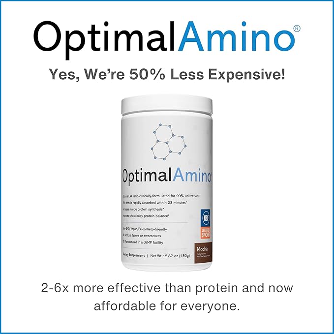 OptimalAmino Amino Acid Powder | 99% Utilized Essential Amino Acid (EAA) Supplement | Pre/Post Workout &amp Muscle Recovery | NSF for Sport Certified | Mocha Flavor