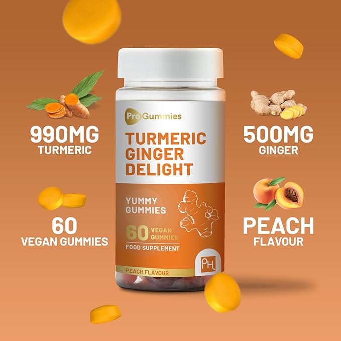 Turmeric and Ginger Gummies | 60 Vegan | Natural Peach Flavour | Mouth-Watering Gummies for Overall Health and Well-Being by Prowise