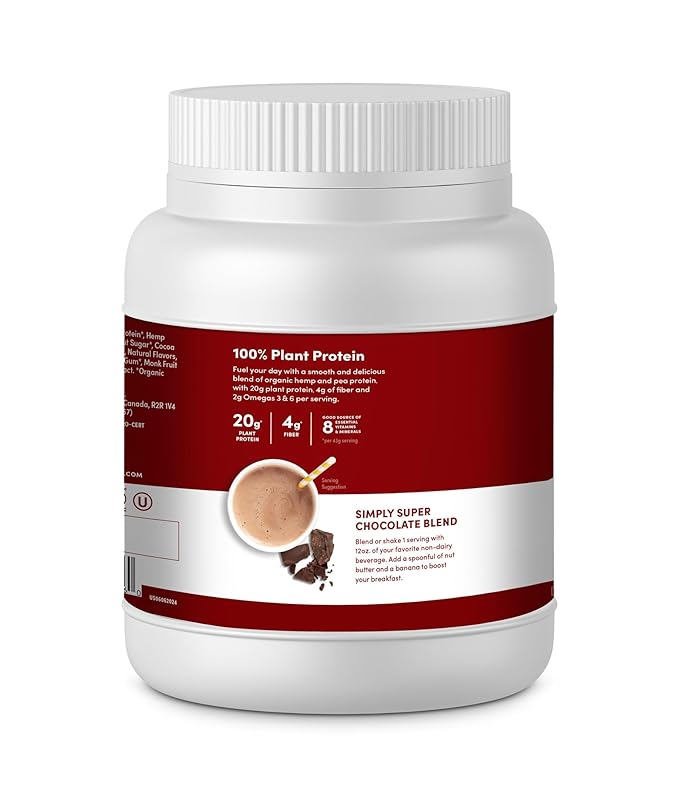 Manitoba Harvest Hemp Yeah Organic Plant-Based Protein Powder with 20g of Complete Plant 4g of Fiber &amp 1.9g Omegas 3&amp6 Non-GMO Vegan Chocolate 16 Oz Packaging May Vary
