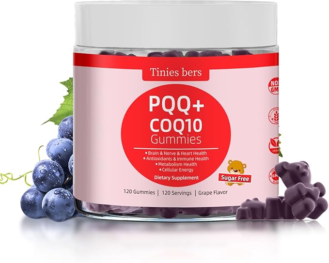 PQQ Gummies Supplement 40mg CoQ10 Gummies 100mg for Adults Two Ways Support Cellular Energy &amp Brain Nerve Heart Immune Health Antioxidant Non GMO Gluten Free Vegan Sugar Free Grape 120
