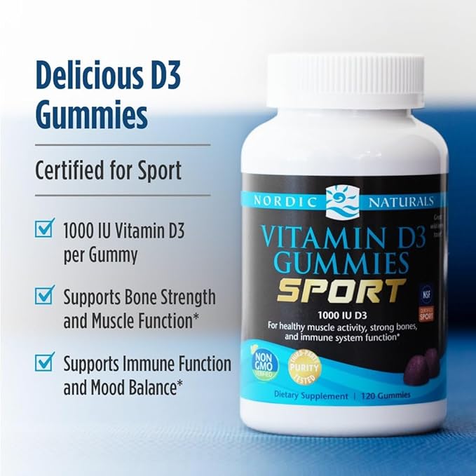 Nordic Naturals Vitamin D3 Gummies Sport Wild Berry - 120 Gummies - 1000 IU Vitamin D3 - NSF Certified - Healthy Bones Mood &amp Immune System Function - Non-GMO - 120 Servings