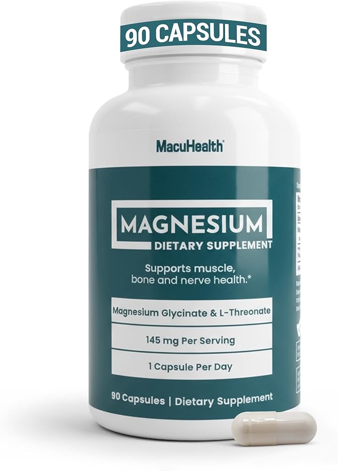 MacuHealth Magnesium Glycinate &amp L-Threonate 145mg - 90 Capsules - Highly Absorbable Magnesium for Energy Calm &amp Focus - Gentle on Stomach Vegan Non-GMO - Premium Chelated Magnesium Supplem