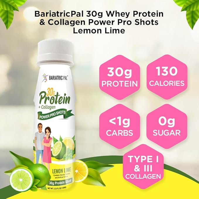 BariatricPal 30g Whey Protein &amp Collagen Sugar-Free Power Pro Shots - Lemon Lime (6 Bottles)