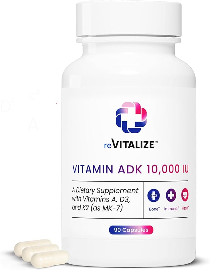 REVITALIZE ADK Vitamin Supplement 10000 IU - 90 Servings High Potency Vitamin A D3 &amp K2 (MK-7) for Bone Strength | Supports Heart Health and Immune Function - Convenient Capsule Form