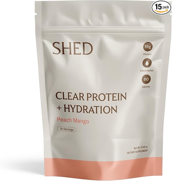 Clear Protein Powder with Electrolytes by Shed 15g Whey Protein Isolate Low Calorie and Lactose Free Light and Clean Hydration Drink Bloat-Free Post Workout Supplement Peach Mango (15 Servings)