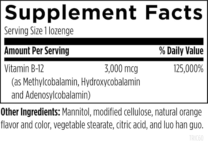 Designs for Health B12 Tricobalamin Lozenges - 3000mcg Triple B12 Quick Dissolve Tablets with Methylcobalamin Adenosylcobalamin + Hydroxocobalamin - Natural Orange Flavor (60 Lozenges)