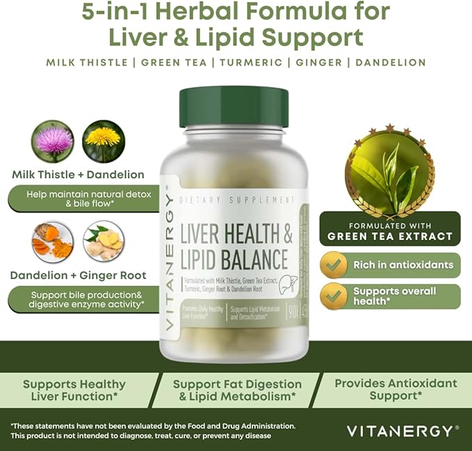 Liver Health &amp Lipid Balance – Milk Thistle Green Tea Turmeric Ginger &amp Dandelion Root Extracts – Supports Normal Liver Function &amp Healthy Fat Metabolism – Made in USA 90 Capsules