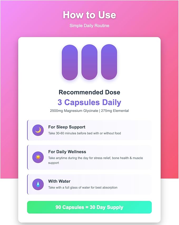 Magnesium Glycinate 2500mg - High Absorption Bisglycinate for Sleep Calm &amp Bone Support - 275mg Elemental per Serving - 90 Vegan Capsules (30 Day Supply) - Non-Laxative.