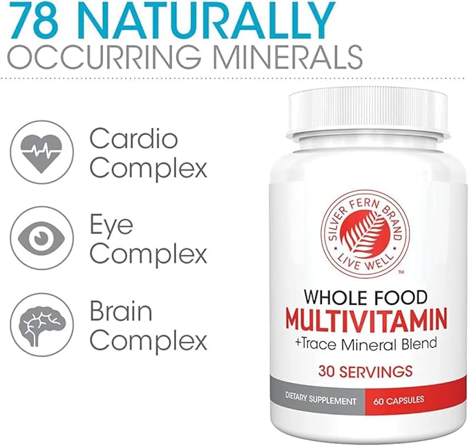Silver Fern Whole Food Daily Multi Vitamin w/Trace Mineral Blend Supplement - 1 Bottle - 60 Vegicaps - 30 Day Supply - Natural Non-GMO Vegan Men's &amp Women's Multivitamin - Zero Synthetics