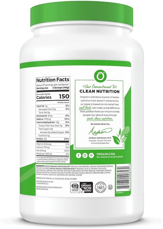 Orgain Organic Plant Based Protein Powder Vanilla Bean 2.74 lb