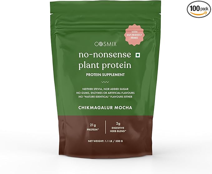 cosmix No Nonsense Plant Protein | Organic Brown Rice &amp Pea Isolate | Easy Digestion | 24G Protein/Serving | Gluten &amp Lactose Free | (Chikmagalur Mocha 500g)