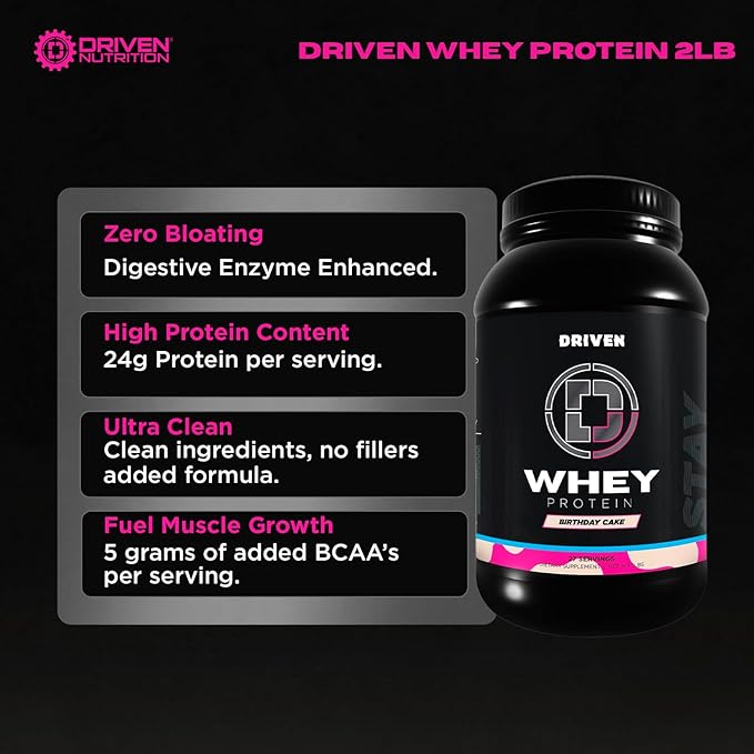 Driven WHEY- Whey Protein Powder: Delicious Clean Protein Shake- Improve Muscle Recovery with 23 Grams of Protein with Added BCAA and Digestive Enzymes (2lb Birthday Cake)