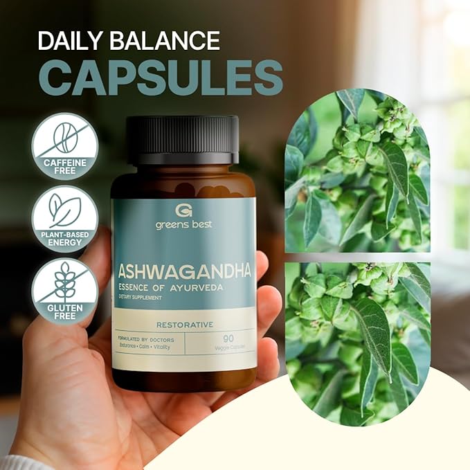 GREEN'S BEST Ashwagandha Capsules – Stress &amp Mood Support Energy &amp Relaxation – Organic Adaptogen Supplement for Calm &amp Focus – 90 Vegan Capsules