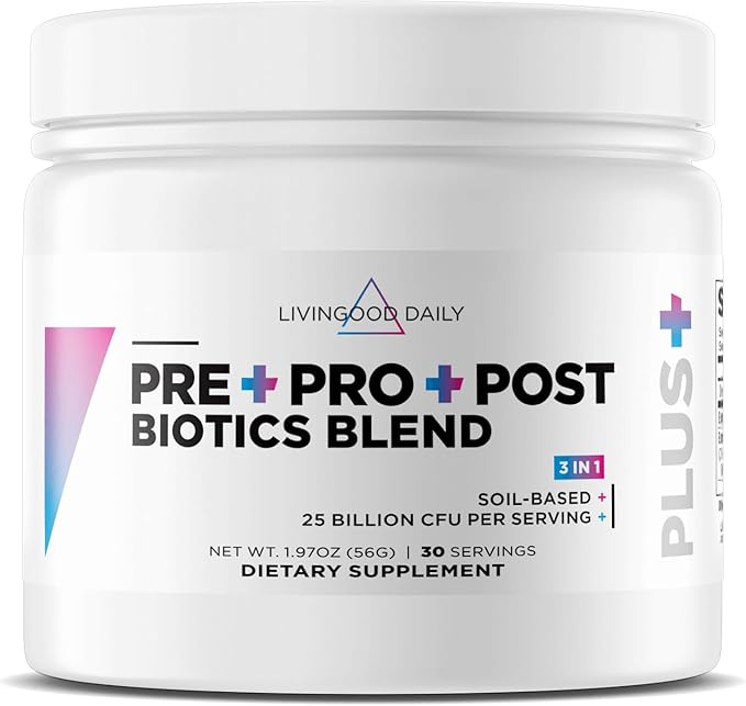 Livingood Daily Pre Pro Post Biotics Blend Powder Digestive Health Supplement with Prebiotics from Organic Blue Agave Inulin SBO Probiotics Probiotics for Women &amp Men Non GMO Vegan 30 Servin