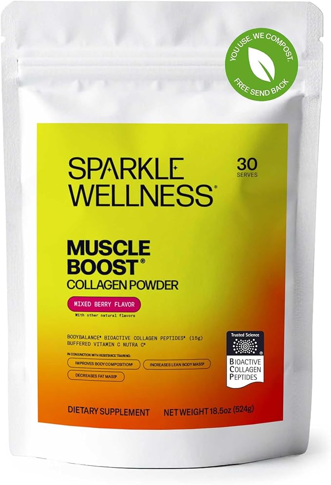 Sparkle Wellness BODYBALANCE Bioactive Collagen Peptides | Collagen Powder Supplement with Hydrolyzed Collagen Peptides &amp Buffered Vitamin C | Muscle Boost (Mixed Berry) [30-Serves]