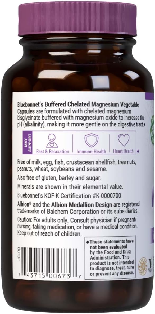 Bluebonnet Nutrition Albion Buffered Chelated Magnesium 200 mg Magnesium Oxide Stress Relief Vegan Non GMO Gluten Free Soy Free Milk Free Kosher 120 Vegetable Capsules 2 Month Supply