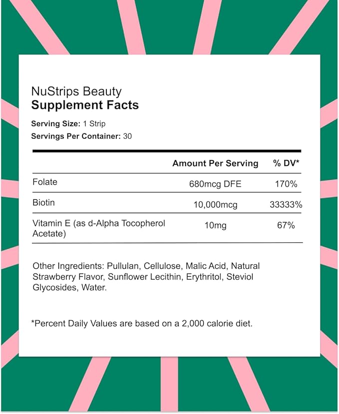 NuStrips™ Fast-Dissolving Beauty Strips with Biotin Folate &amp Vitamin E – Hair Skin &amp Nails Supplement – Supports Hair Growth &amp Reduces Hair Fall – Non-GMO Vegan – Delicious Strawberry (